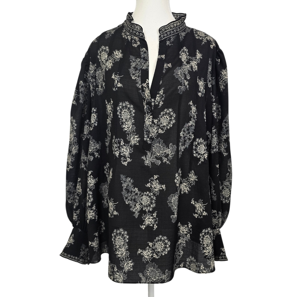 Max Studio Black White Floral Ruffle Neck Blouse Top Feminine Lightweight